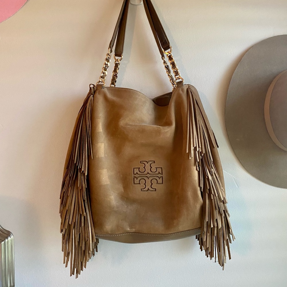 TORY BURCH BROWN SUEDE AND FRINGE BAG